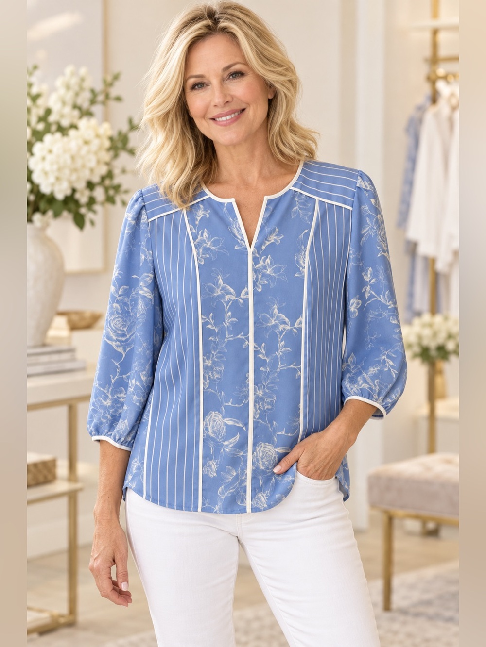 Investments Blue Floral Stripe Split Neck 3/4 Sleeve Blouse Small